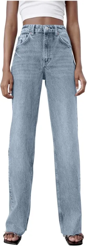 Women's Denim Pants Western Style Stretch High Waisted Straight Jeans Pants Slim Fit Full Length Street Trouser