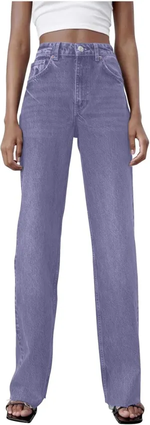 Women's Denim Pants Western Style Stretch High Waisted Straight Jeans Pants Slim Fit Full Length Street Trouser