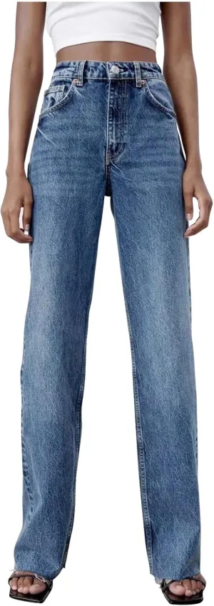 Women's Denim Pants Western Style Stretch High Waisted Straight Jeans Pants Slim Fit Full Length Street Trouser