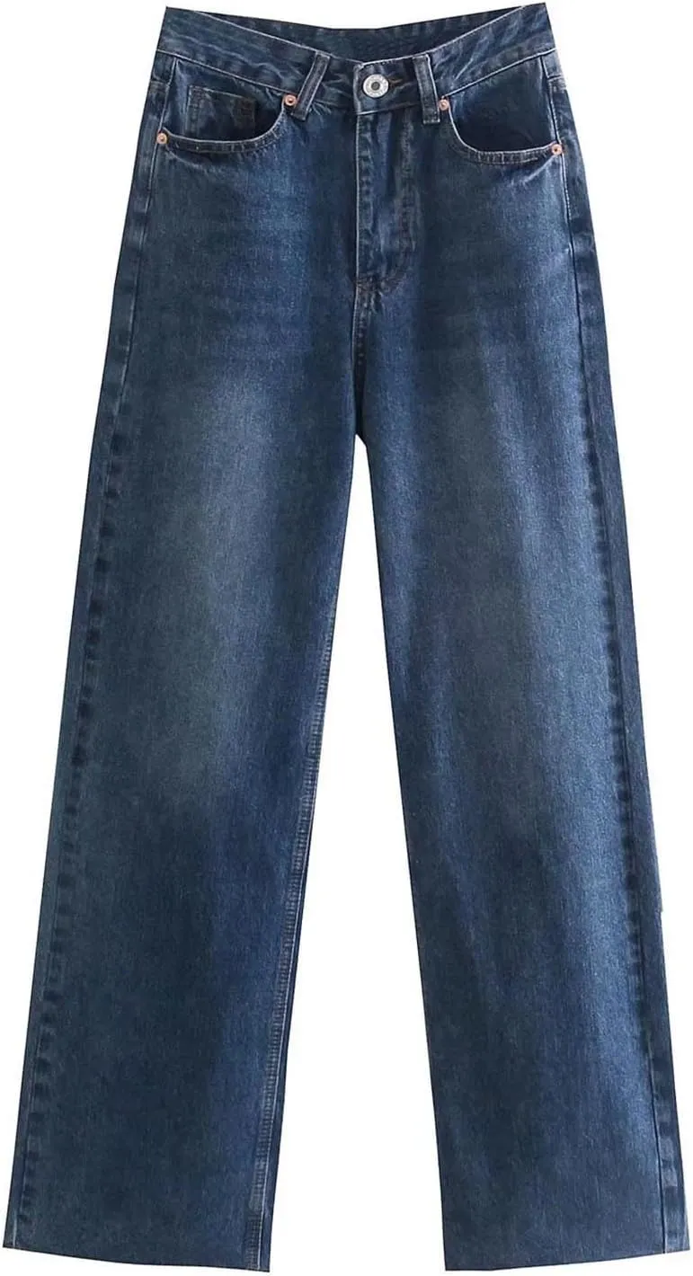Women's Denim Pants Western Style Stretch High Waisted Straight Jeans Pants Slim Fit Full Length Street Trouser