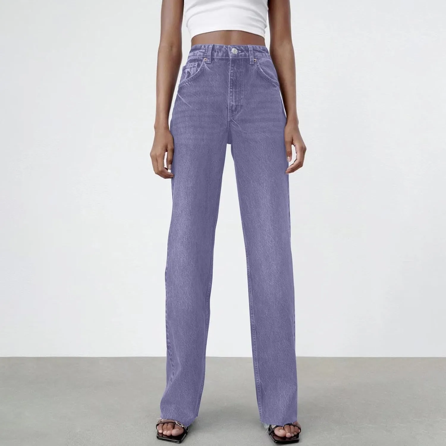 Women's Denim Pants Western Style Stretch High Waisted Straight Jeans Pants Slim Fit Full Length Street Trouser