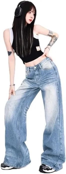 Womens Denim Pants Wide Leg and Loose Fit Jeans Ladies Mid Waist Straight Trousers Plus Size Mopping Length Denim Jeans