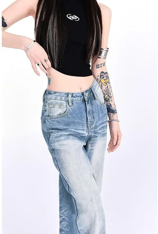 Womens Denim Pants Wide Leg and Loose Fit Jeans Ladies Mid Waist Straight Trousers Plus Size Mopping Length Denim Jeans