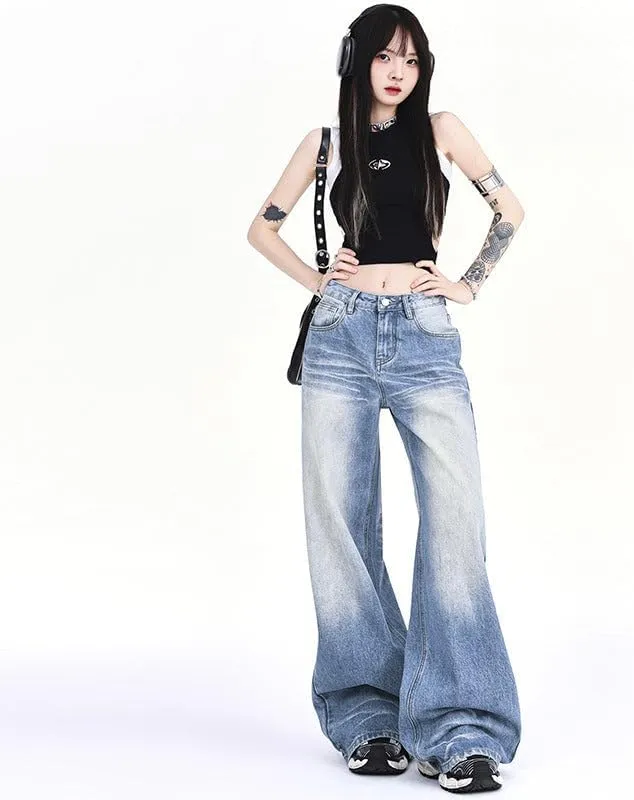 Womens Denim Pants Wide Leg and Loose Fit Jeans Ladies Mid Waist Straight Trousers Plus Size Mopping Length Denim Jeans