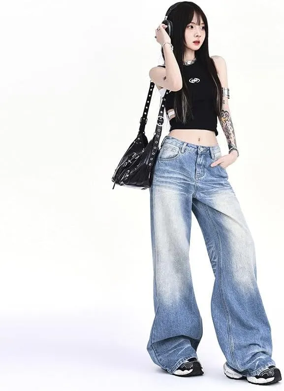 Womens Denim Pants Wide Leg and Loose Fit Jeans Ladies Mid Waist Straight Trousers Plus Size Mopping Length Denim Jeans