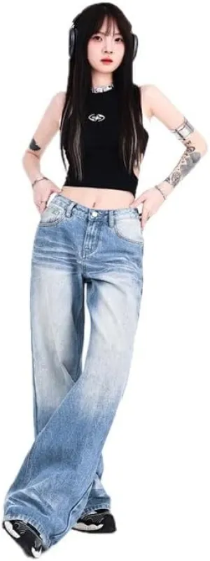 Womens Denim Pants Wide Leg and Loose Fit Jeans Ladies Mid Waist Straight Trousers Plus Size Mopping Length Denim Jeans