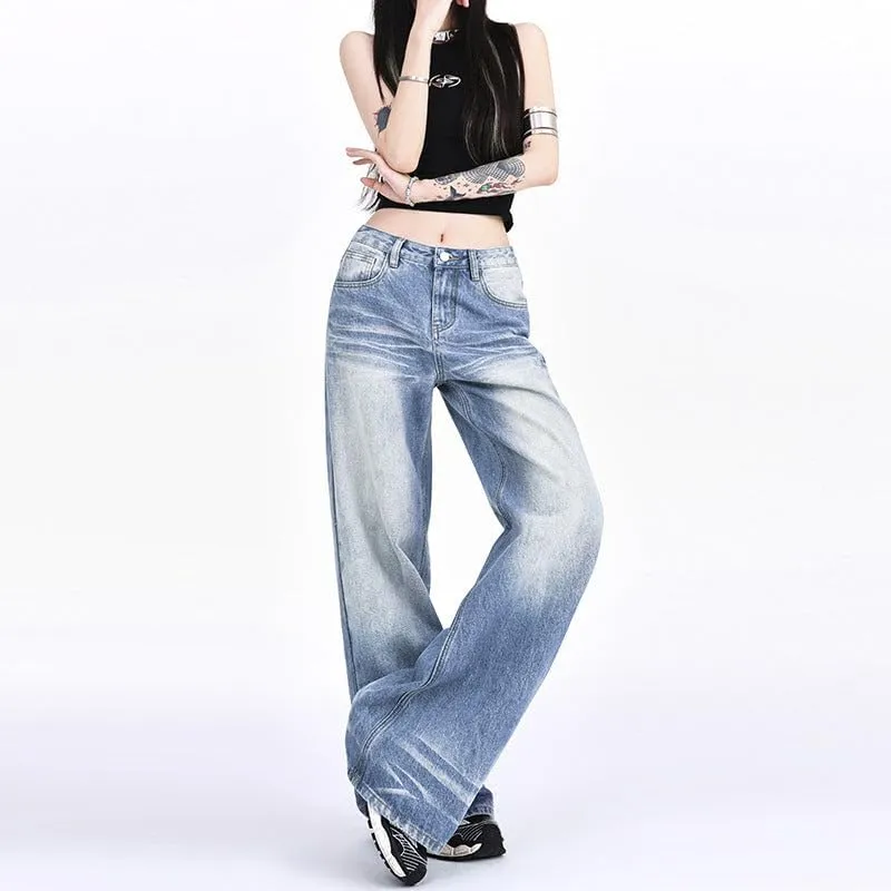 Womens Denim Pants Wide Leg and Loose Fit Jeans Ladies Mid Waist Straight Trousers Plus Size Mopping Length Denim Jeans