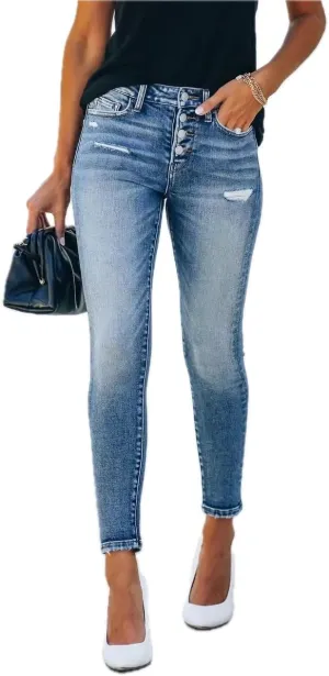 Womens Denim Pencil Pants with Buttons Slim Fit Jeans Ripped Distressed Trousers for Women Stretchy Light Blue Denim