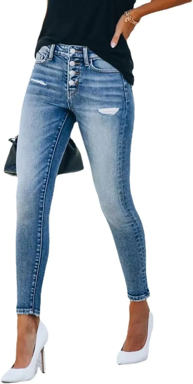 Womens Denim Pencil Pants with Buttons Slim Fit Jeans Ripped Distressed Trousers for Women Stretchy Light Blue Denim