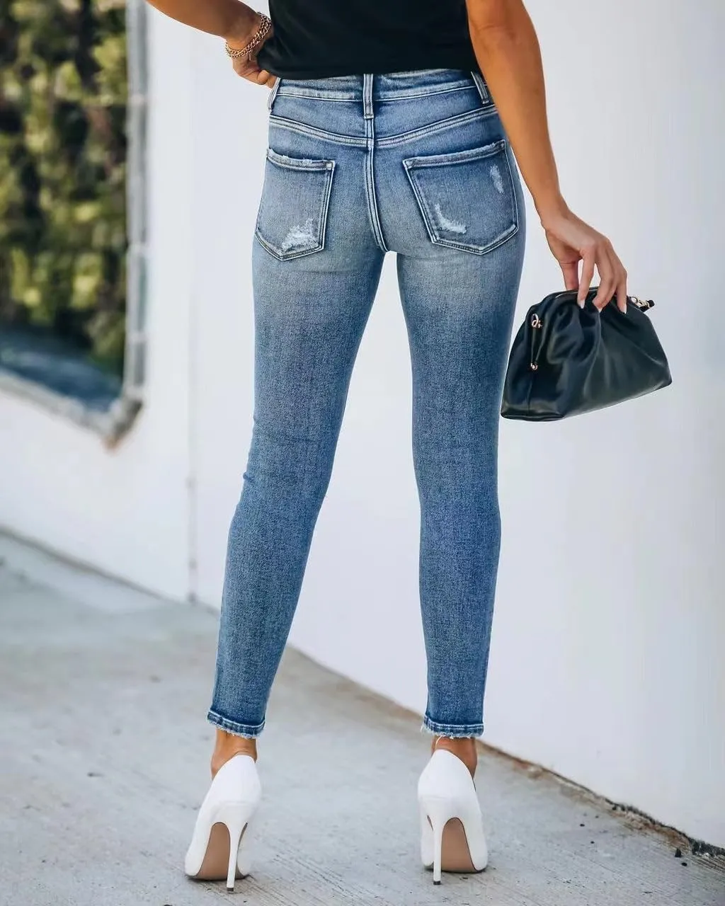 Womens Denim Pencil Pants with Buttons Slim Fit Jeans Ripped Distressed Trousers for Women Stretchy Light Blue Denim