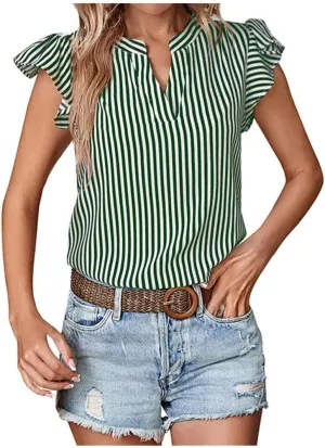 Womens Dressy Casual Shirts Ruffle Short Sleeve V Neck Striped Blouse Business Casual Summer Tops