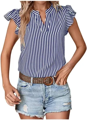 Womens Dressy Casual Shirts Ruffle Short Sleeve V Neck Striped Blouse Business Casual Summer Tops