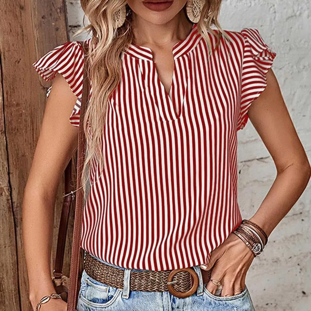 Womens Dressy Casual Shirts Ruffle Short Sleeve V Neck Striped Blouse Business Casual Summer Tops