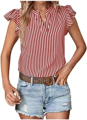 Womens Dressy Casual Shirts Ruffle Short Sleeve V Neck Striped Blouse Business Casual Summer Tops