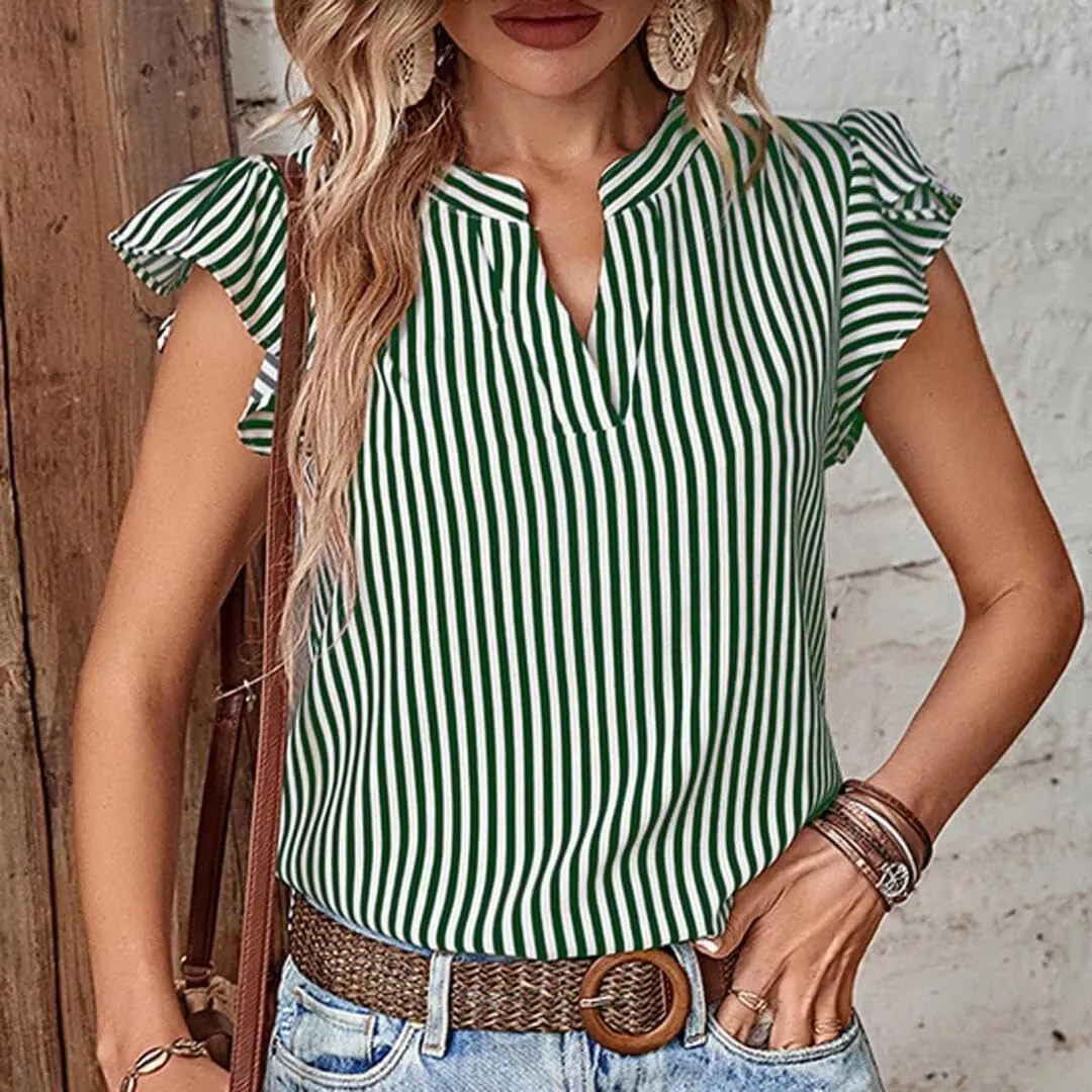 Womens Dressy Casual Shirts Ruffle Short Sleeve V Neck Striped Blouse Business Casual Summer Tops