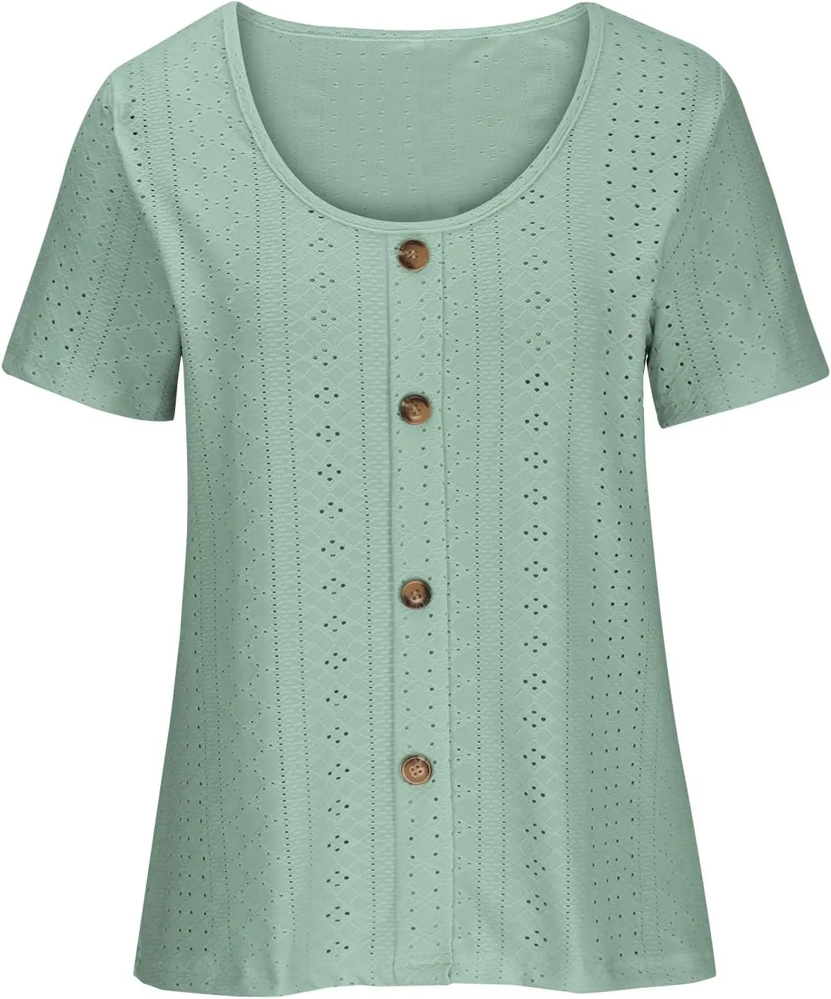 Womens Eyelet T-Shirts Sexy Scoop Neck Tops Casual Solid Short Sleeve Shirts Trendy 2024 Summer Button Tees