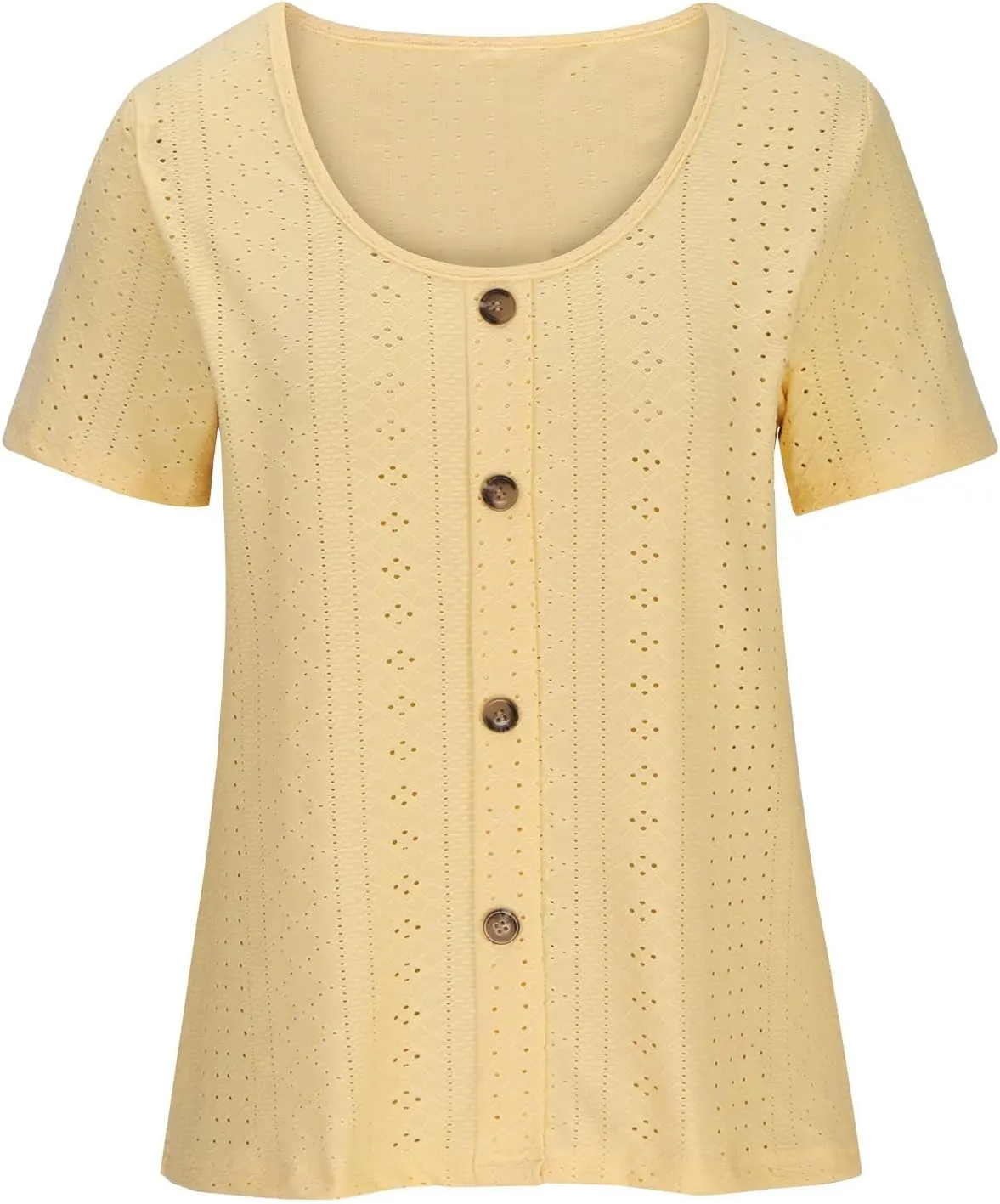 Womens Eyelet T-Shirts Sexy Scoop Neck Tops Casual Solid Short Sleeve Shirts Trendy 2024 Summer Button Tees