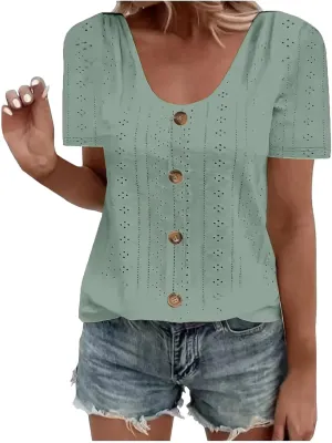 Womens Eyelet T-Shirts Sexy Scoop Neck Tops Casual Solid Short Sleeve Shirts Trendy 2024 Summer Button Tees
