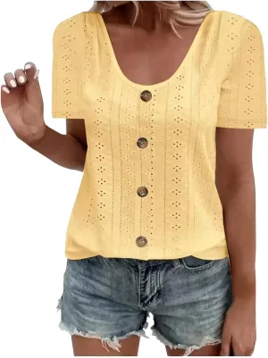 Womens Eyelet T-Shirts Sexy Scoop Neck Tops Casual Solid Short Sleeve Shirts Trendy 2024 Summer Button Tees
