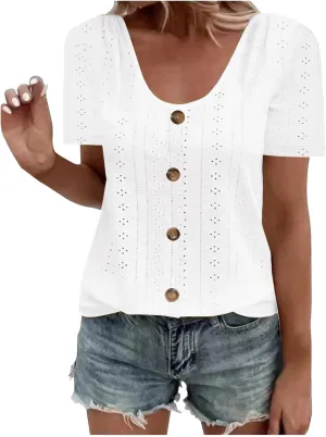Womens Eyelet T-Shirts Sexy Scoop Neck Tops Casual Solid Short Sleeve Shirts Trendy 2024 Summer Button Tees