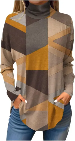 Womens Fall Tops Printing Long Sleeve Sweatshirts Turtleneck Vintage Pullover Tunic Y2k Shirt Fashion Casual Blouses