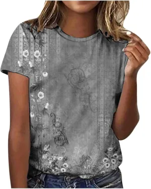 Women's Fashion Casual Short Sleeve Flower Print Round Neck Pullover Top Blouse Women's Athletic Shirts