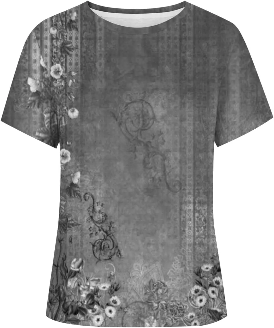 Women's Fashion Casual Short Sleeve Flower Print Round Neck Pullover Top Blouse Women's Athletic Shirts