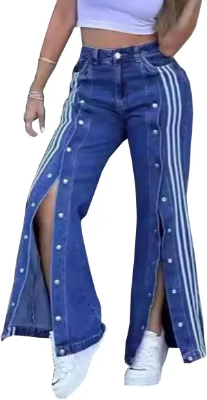 Women's Fashion Straight Jeans High Waisted Stretch Baggy Striped Buttoned Wide Leg Denim Pants