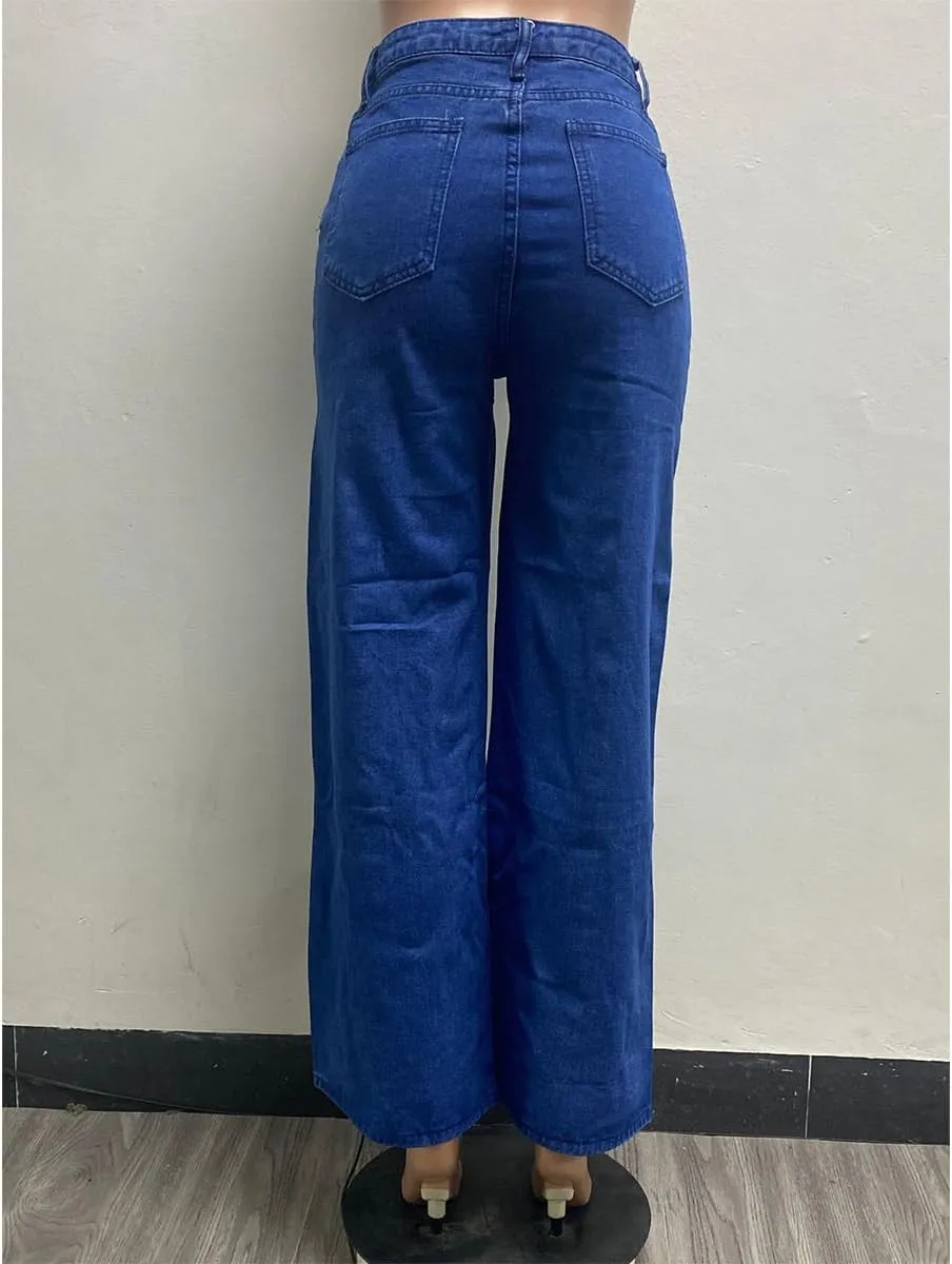 Women's Fashion Straight Jeans High Waisted Stretch Baggy Striped Buttoned Wide Leg Denim Pants