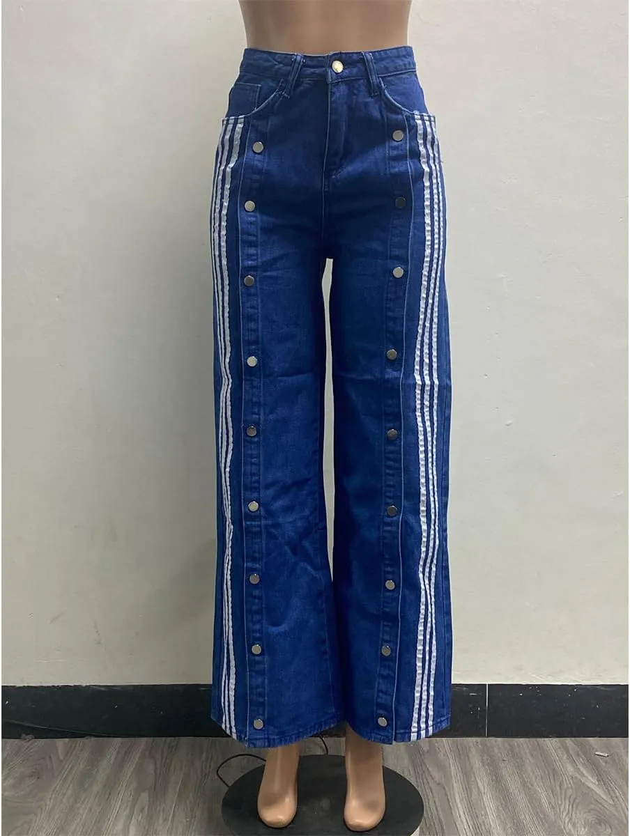 Women's Fashion Straight Jeans High Waisted Stretch Baggy Striped Buttoned Wide Leg Denim Pants