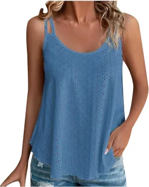 Womens Fashion Tank Tops Eyelet Embroidery Sleeveless T Shirt Spaghetti Strap Scoop Neck Cami Shirts Loose Casual Tops