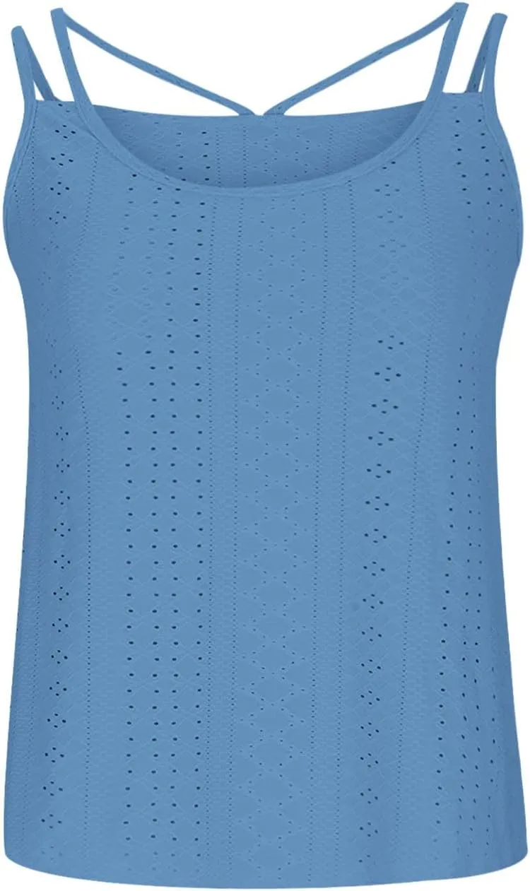 Womens Fashion Tank Tops Eyelet Embroidery Sleeveless T Shirt Spaghetti Strap Scoop Neck Cami Shirts Loose Casual Tops