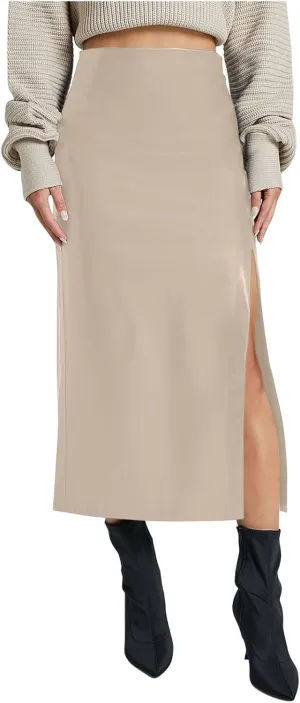 Women's Faux Leather Maxi Skirt Classic Trendy Dressy High Waisted Side Slit PU Leather Skirt Party Clubwear