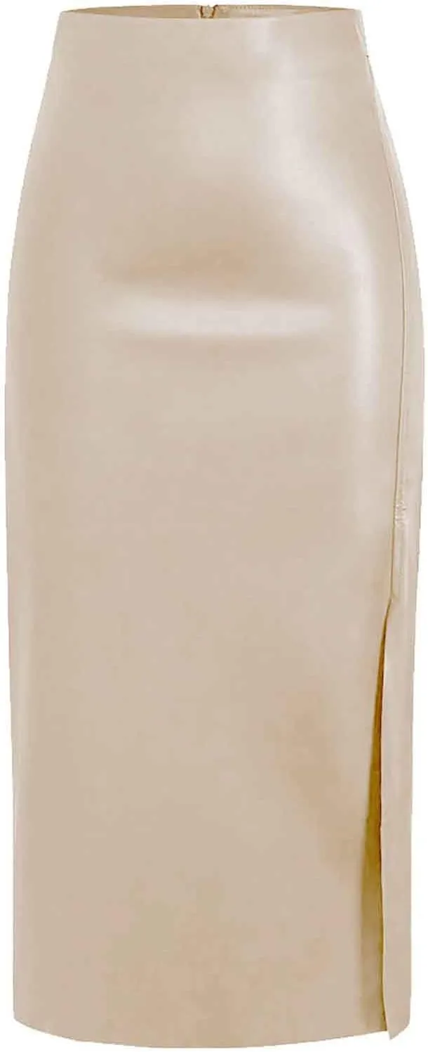Women's Faux Leather Maxi Skirt Classic Trendy Dressy High Waisted Side Slit PU Leather Skirt Party Clubwear