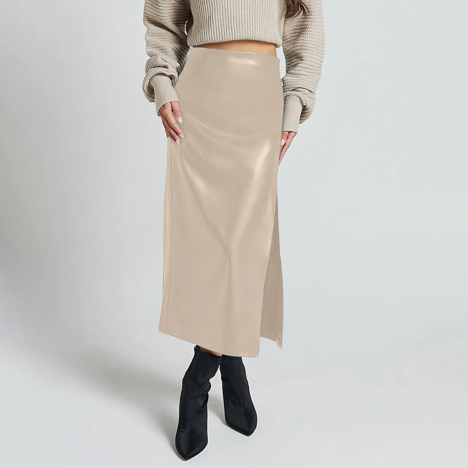Women's Faux Leather Maxi Skirt Classic Trendy Dressy High Waisted Side Slit PU Leather Skirt Party Clubwear