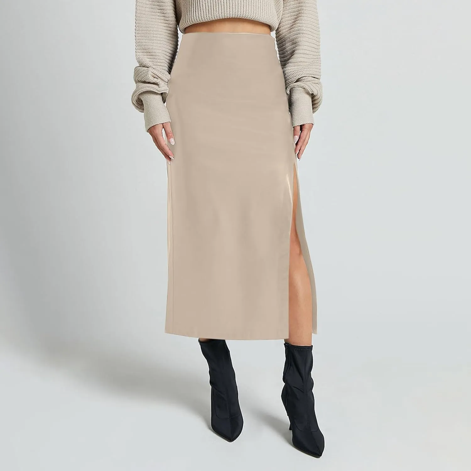 Women's Faux Leather Maxi Skirt Classic Trendy Dressy High Waisted Side Slit PU Leather Skirt Party Clubwear