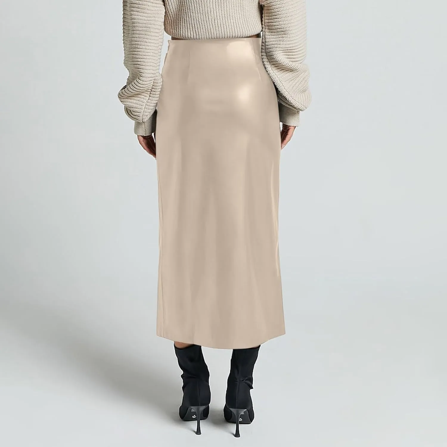Women's Faux Leather Maxi Skirt Classic Trendy Dressy High Waisted Side Slit PU Leather Skirt Party Clubwear