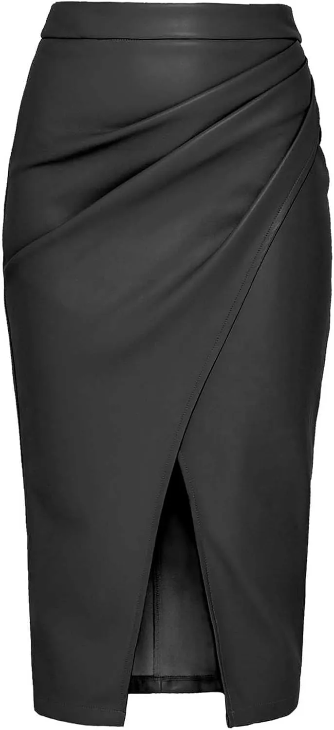Womens Faux Leather Midi Skirt High Waisted Wrap Ruched Front Slit Bodycon Skirts Tummy Control Midi Pencil Skirt