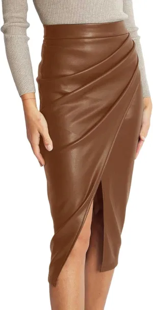 Womens Faux Leather Midi Skirt High Waisted Wrap Ruched Front Slit Bodycon Skirts Tummy Control Midi Pencil Skirt