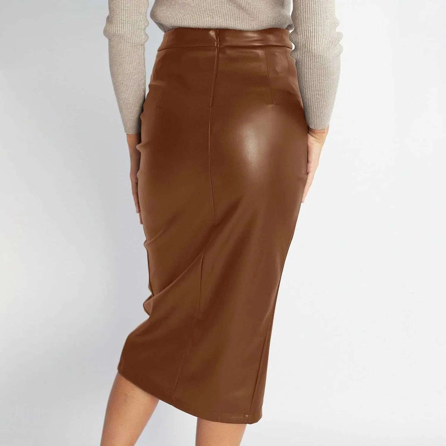 Womens Faux Leather Midi Skirt High Waisted Wrap Ruched Front Slit Bodycon Skirts Tummy Control Midi Pencil Skirt