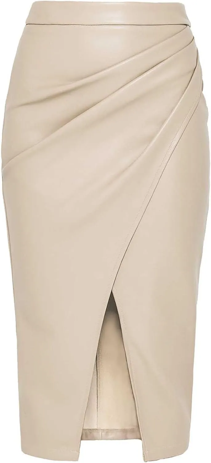 Womens Faux Leather Midi Skirt High Waisted Wrap Ruched Front Slit Bodycon Skirts Tummy Control Midi Pencil Skirt