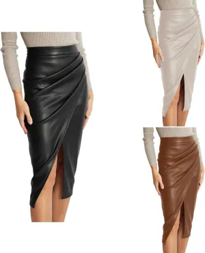 Womens Faux Leather Midi Skirt High Waisted Wrap Ruched Front Slit Bodycon Skirts Tummy Control Midi Pencil Skirt