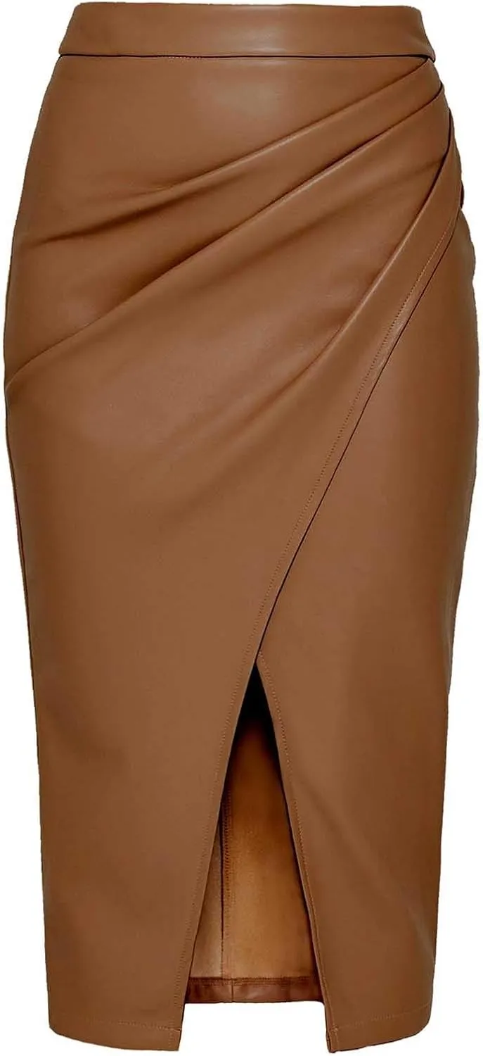 Womens Faux Leather Midi Skirt High Waisted Wrap Ruched Front Slit Bodycon Skirts Tummy Control Midi Pencil Skirt