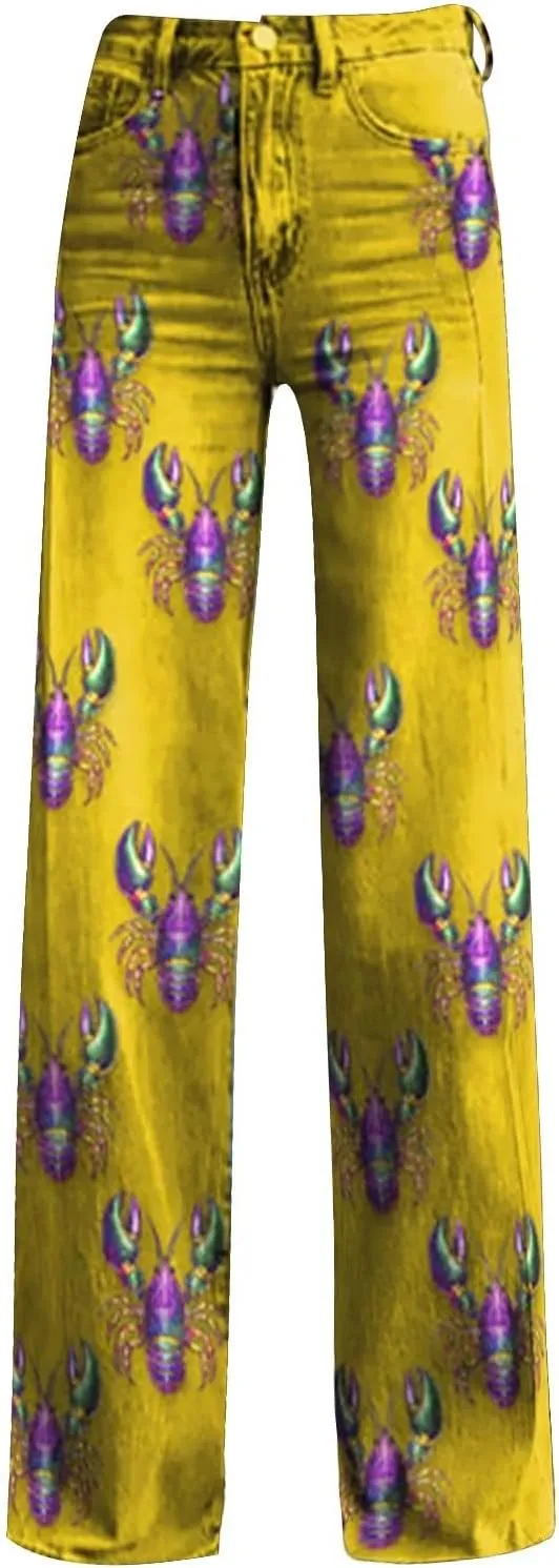 Women's Flare Jeans Wide Leg Baggy Pant Vintage Floral Printed High Waisted Straight Stretch Pants with Pockets