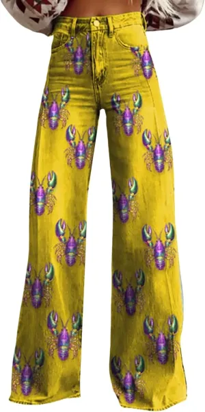 Women's Flare Jeans Wide Leg Baggy Pant Vintage Floral Printed High Waisted Straight Stretch Pants with Pockets