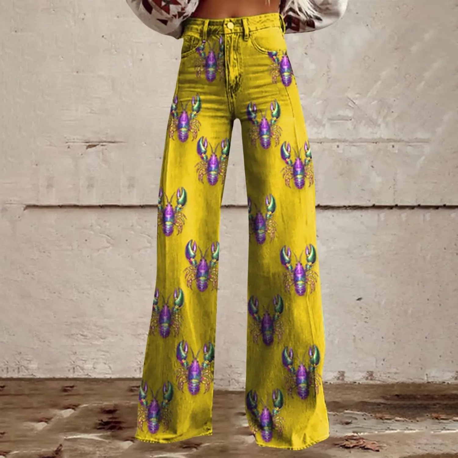 Women's Flare Jeans Wide Leg Baggy Pant Vintage Floral Printed High Waisted Straight Stretch Pants with Pockets