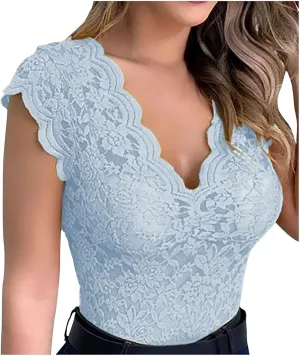 Women's Floral Lace Tank Top Deep V Neck Scalloped Trim Sleeveless Shirts See Through Sexy Mesh Tshirts Plus Size Tops