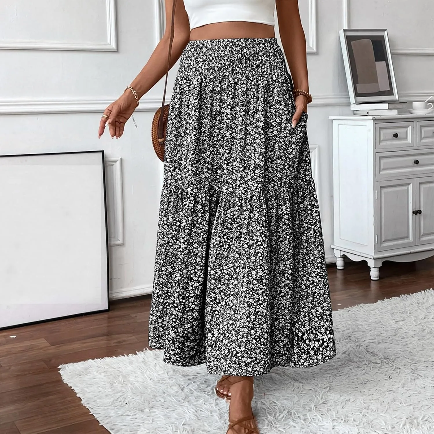Women's Floral Maxi Skirt Casual Summer Elastic High Waisted Skirts Tiered Flowy Swing A Line Long Skirts with Pockets