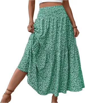 Womens Floral Maxi Skirt Casual Summer Elastic High Waisted Skirts Tiered Flowy Swing A Line Long Skirts with Pockets