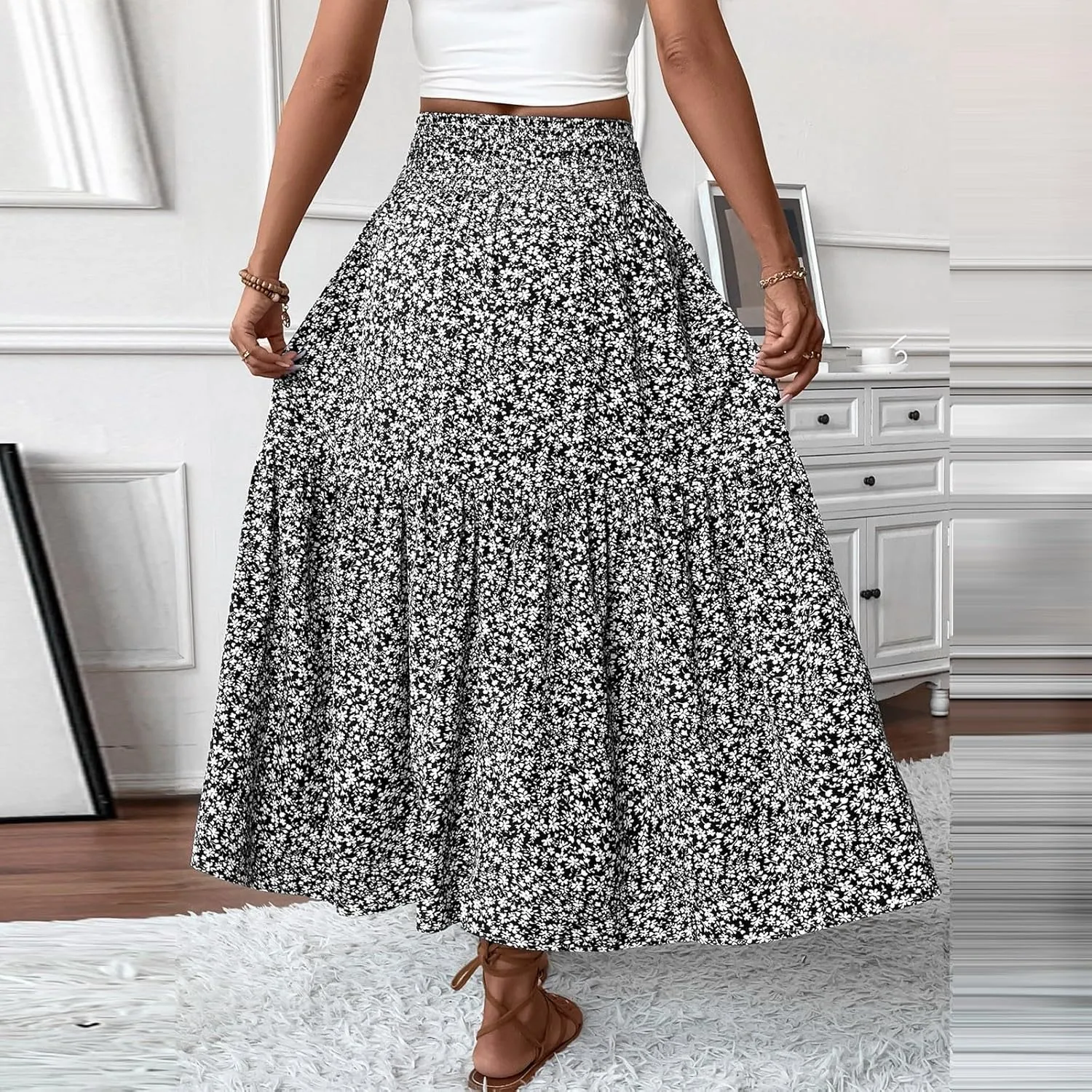 Women's Floral Maxi Skirt Casual Summer Elastic High Waisted Skirts Tiered Flowy Swing A Line Long Skirts with Pockets